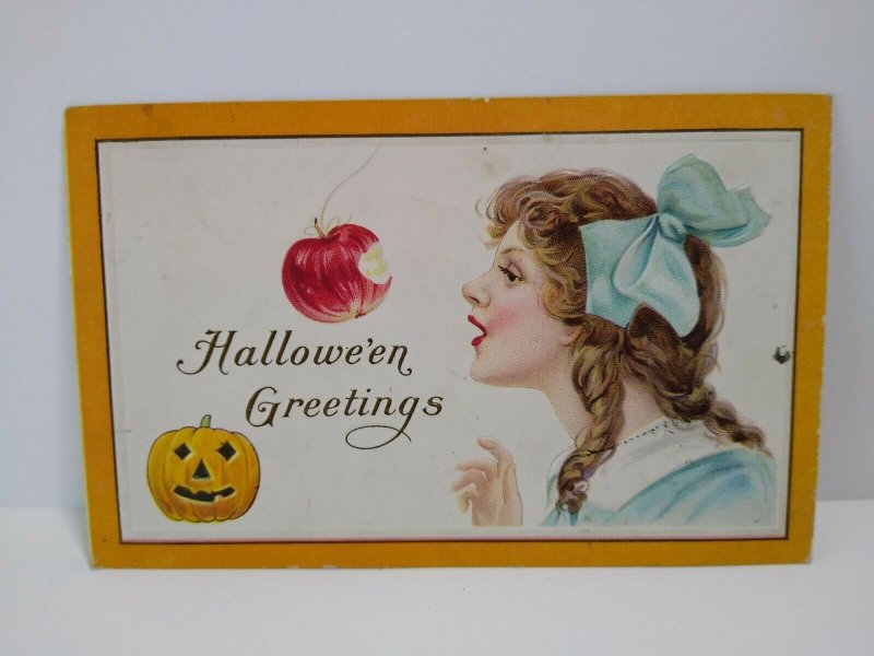 Halloween Postcard Blue Ribbon Women Apple Vintage Stecher Original Nappanee IND