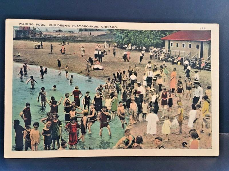 Postcard  Antique View of Wading Pool, Children's Playground in Chicago, IL  X1