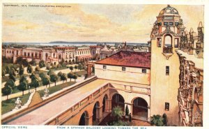 Vintage Postcard 1920's Spanish Balcony Looking Sea Panama-California Exposition