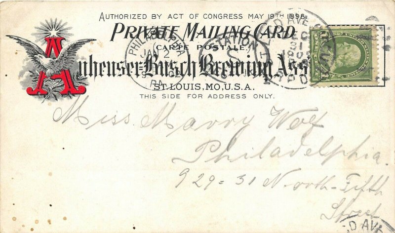 St. Louis Missouri 1902 PMC Private Mailing Postcard Anheuser Busch Brewing BEER