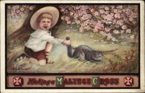 A/S Bayer Little Boy Torturing Cat Maltese Cross Animal Abuse c1910 Postcard