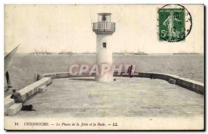 Old Postcard Cherbourg Lighthouse Lighthouse pier and the harbor Boats