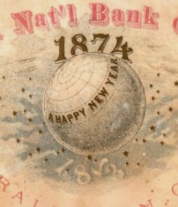 1874 Happy New Year Globe Earth Raleigh Nat'l Bank Of NC W.H. Willard Pres. F152