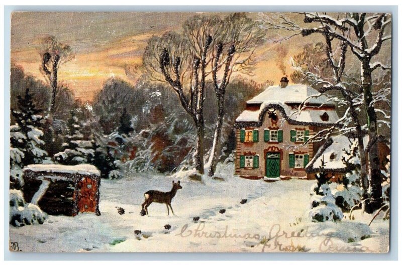Christmas Postcard Greetings Deer House Winter Glitter Chambersburg PA 1906