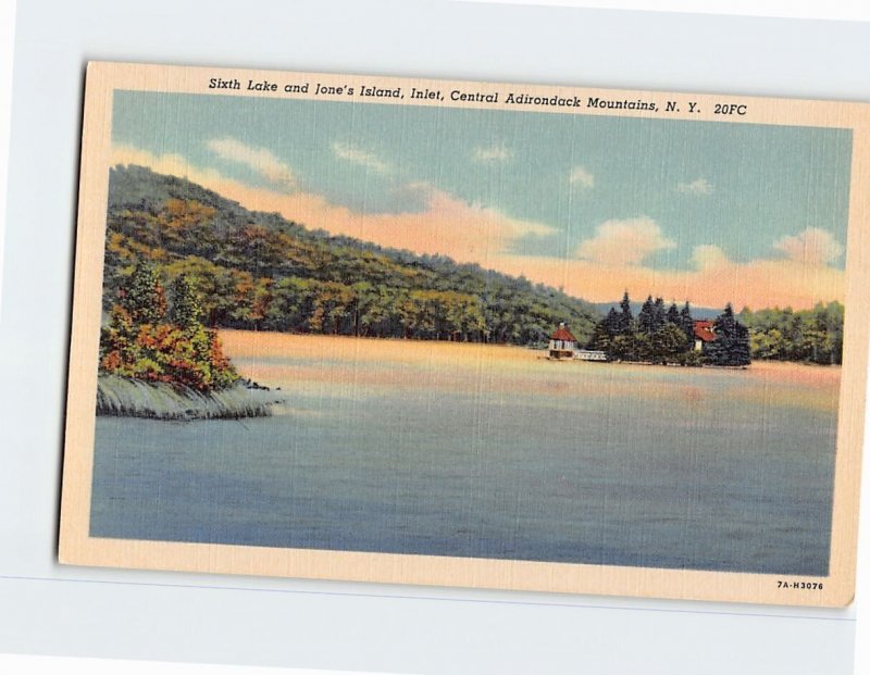 Postcard Sixth Lake and Jone's Island, Central Adirondack Mountains, Inlet, N.Y.