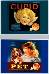 2 Repro Postcards CUPID & PET BRAND Orange Crate Labels 1983 Girls & Puppy 4x6