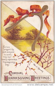 Clapsaddle Thanksgiving Greetings Gold Wishbone With Ribbon 1912