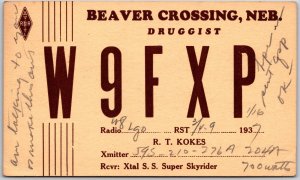 1937 QSL Radio Card Code W9FXP Beaver Crossing Amateur Station Posted Postcard