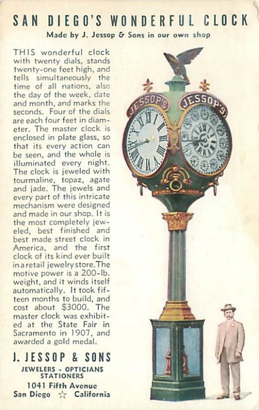 San Diego California J Jessop Clock Ad Litho Postcard Unused