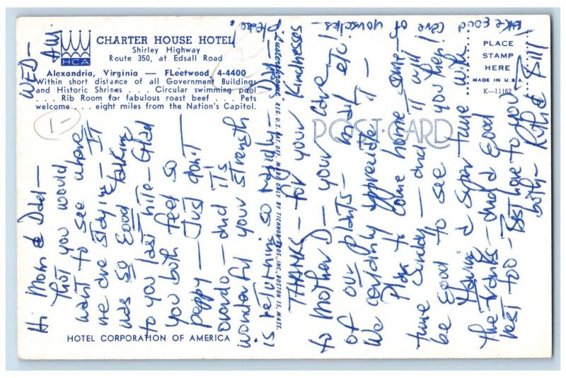 Alexandria Virginia Postcard Charter House Hotel Shirley Highway c1960 Vintage