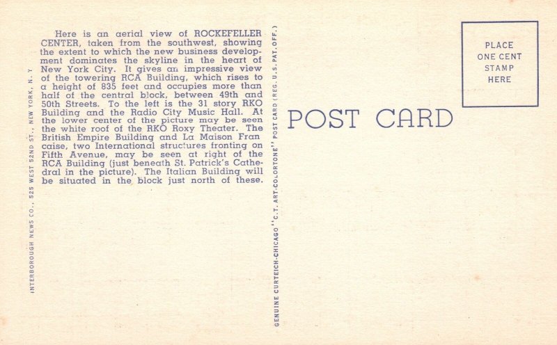 Vintage Postcard Aerial View Rockefeller Center Towering RCA Building New York