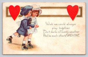 Young Girls Roller Skating  Be Each Other's Valentine    Postcard