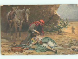 Unused Pre-Linen religious signed THE GOOD SAMARITAN AIDS INJURED MAN k6312