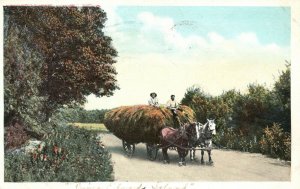 Vintage Postcard 1925 Prince Edwards Island Men Hauling Hay Horse Pulled Wagon 