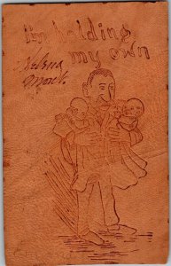 Leather, Man Holding Twin Babies, I'm Holding My Own Vintage Postcard E69