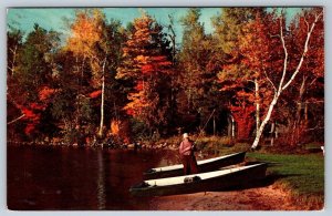 Fall Colours, Fisherman At His Boat, Melfort Saskatchewan, Vintage 1956 Postcard