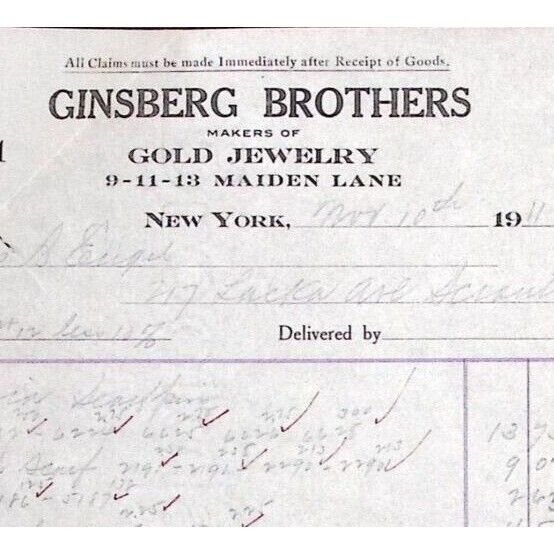 1911 NEW YORK GINSBERG BROTHERS GOLD JEWELRY MAIDEN LANE BILLHEAD INVOICE Z149
