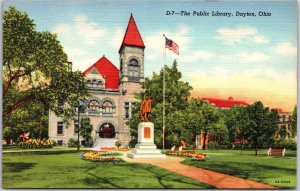 Dayton Ohio OH, The Public Library, Statue, Circle Pathway, Lawn Grass, Postcard