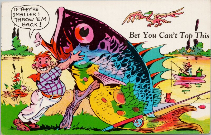Fisherman Comic Fishing Huge Fish Humour Throw Em Back Curteich Postcard G75