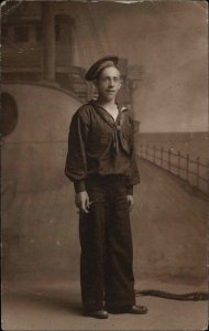 Navy Sailor in Uniform Studio Prop Backdrop c1910 Real Photo Postcard 