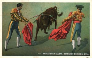 Vintage Postcard 1935 Entrado A Matar Matador Engaging Bull C. T. American Art