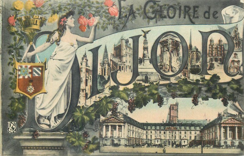 France Dijon glory patriotic allegory multi views & crest heraldry postcard 1909 