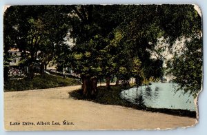 1910 Albert Lea Minnesota Vintage Postcard Lake Drive Trees Exterior View Posted