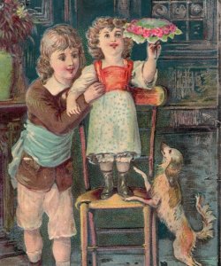 1880s Embossed Victorian Valentine's Card Adorable Children & Cute Dog P115