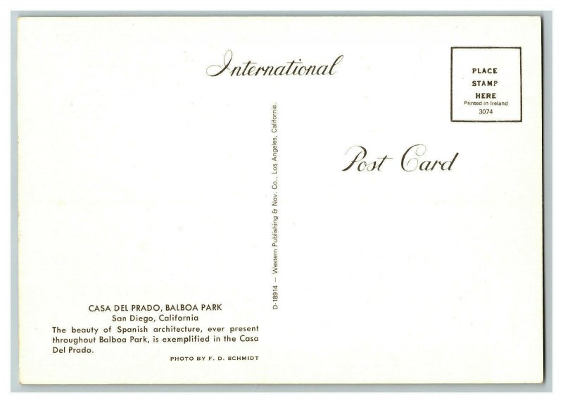 Casa Del Prado Balboa Park San Diego CA Vtg. Postcard Continental View Card 