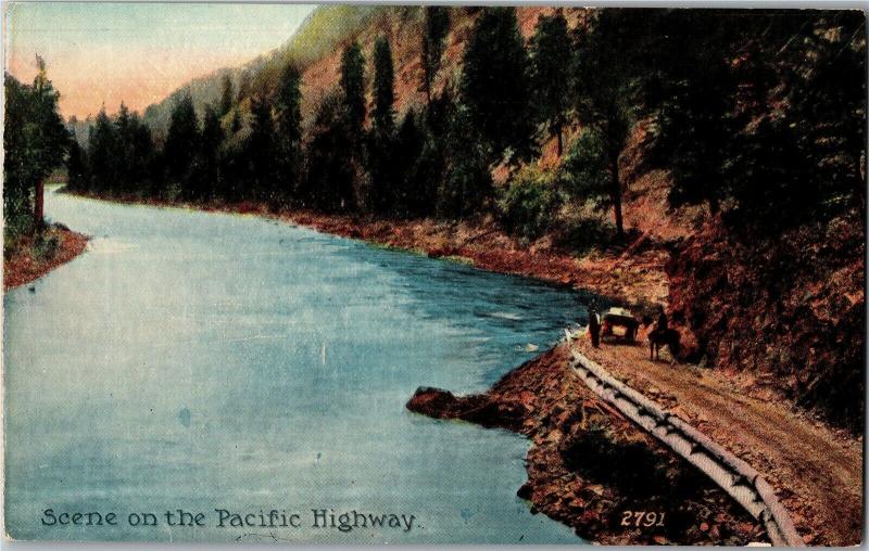 Scene on the Pacific Highway, Dirt Road Horse Auto Vintage Postcard O05