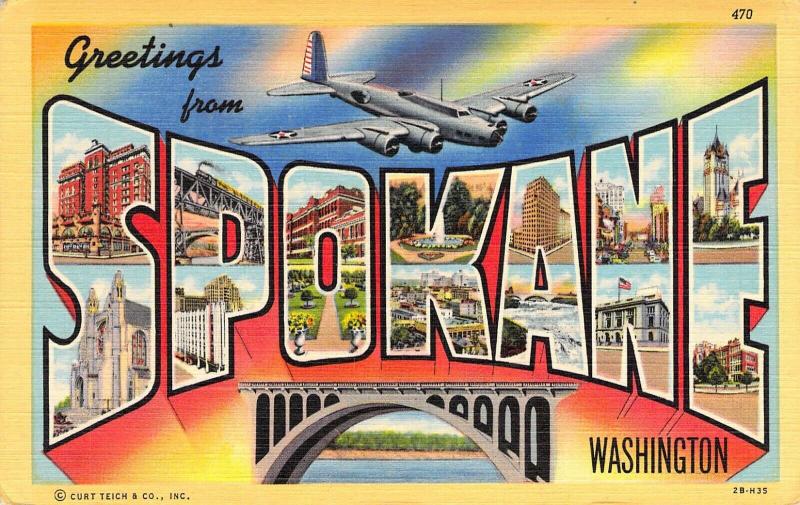 WW2 Linen Era,Large Letter,Greetings From Spokane Washington, B-17, Old Postcard