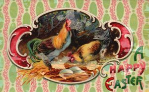 Vintage Postcard A Happy Easter Rooster Hen Laying Eggs On Nest Holiday Greeting