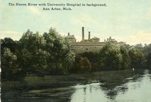 Postcard 1911 View of Huron River & University Hospital, Ann harbor, MI.  S6