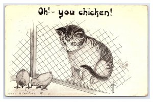 Cat Postcard Oh! - You Chicken! Artist Signed I. Phillips c1910 Postmark