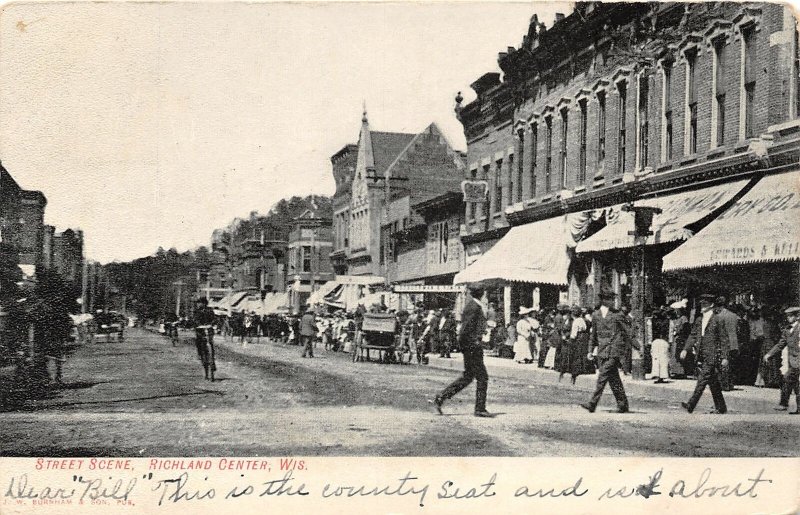 J13/ Richland Center Wisconsin Postcard c1910 Street Scene Stores Busy  59