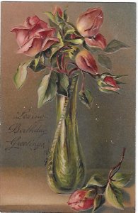 Loving Birthday Greetings Vase of Roses Embossed Mailed 1910