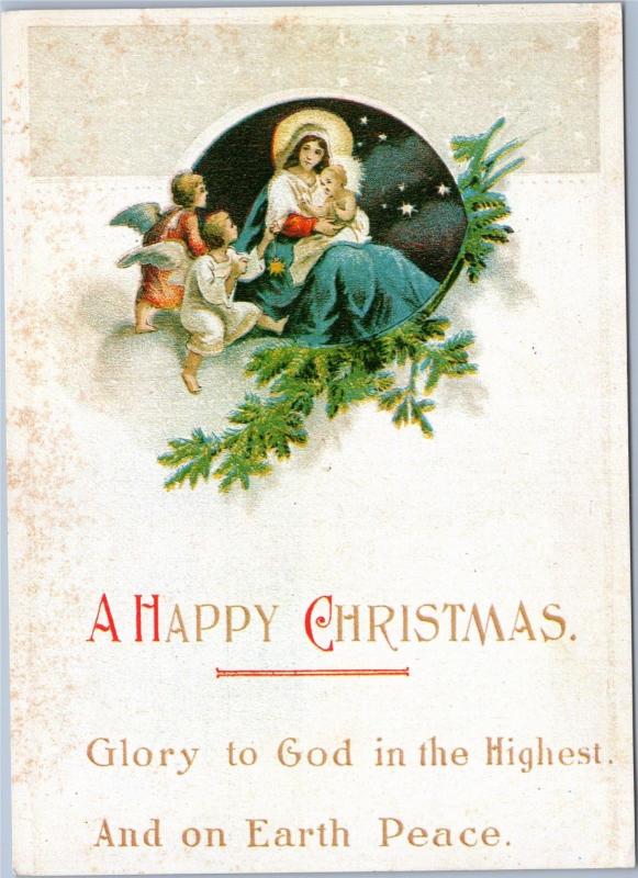 Mother Mary and baby Jesus with Angels - A Happy Christmas - Reproduction card p