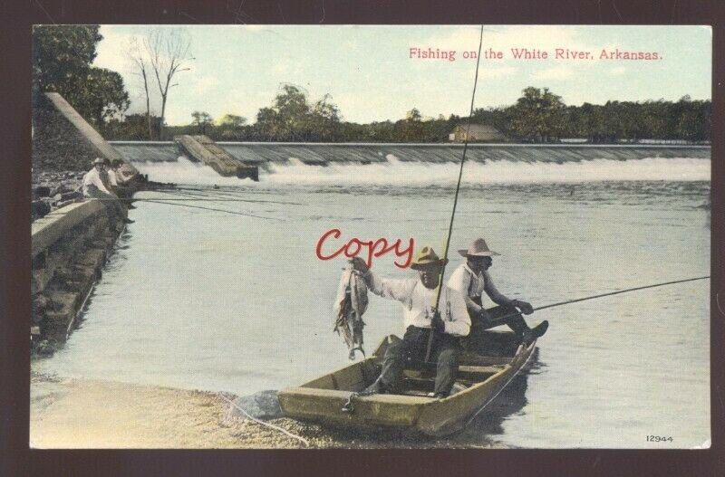 WHITE RIVER ARKANSAS FISHING FISH CATCH ROD AND REEL VINTAGE POSTCARD