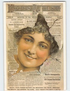 Postcard Lady Bursts through Hood's Latest Newspaper 19th Century Trade Card