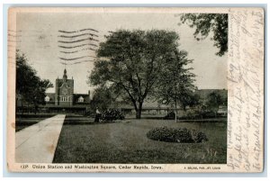 1911 Union Passenger And Washington Square Cedar Rapids Iowa IA Trees Postcard