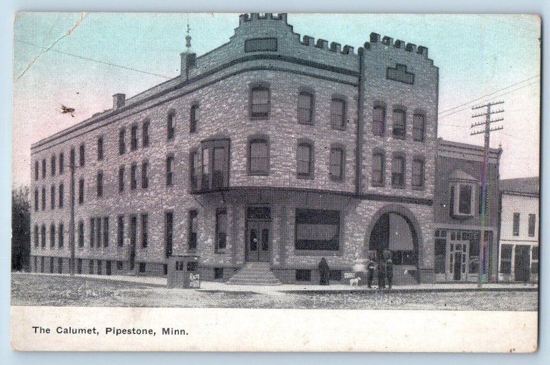 Pipestone Minnesota Postcard Calumet Building Exterior Street Scene 1909 Antique