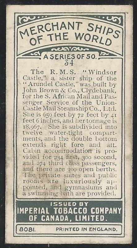 Canada 1924 Imperial Tobacco WINDSOR CASTLE Ships ot the World Cigarettes Card