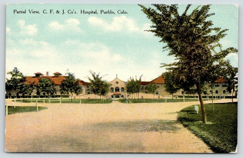 Pueblo Colorado~CF&J Co's Hospital Partial View~Sign on Lawn~c1910 Postcard