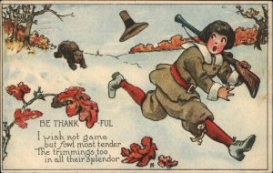 Thanksgiving Little Boy Pilgrim with Rifle Chased by Bear c1910 Vintage Postcard