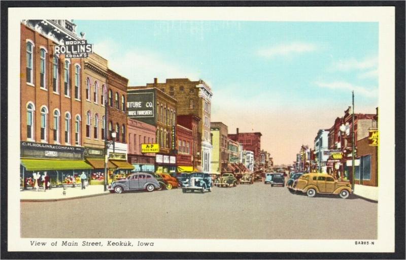 Keokuk Iowa Main Street with Stores and Cars Linen Postcard 1940s-1950s