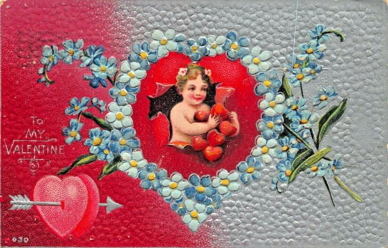 TO MY VALENTINE-VERY COLORFUL HEART & FLOWERS PEBBLE EMBOSSED 1911 POSTCARD 1908