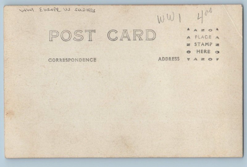 WWI Postcard RPPC Photo Just Arrived US Army Soldiers Europe c1910's Antique