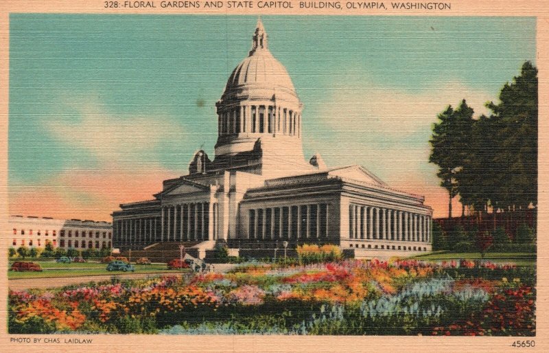 Vintage Postcard Floral Gardens And State Capitol Building Olympia Washington WA