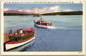 VINTAGE POSTCARD VIEW ON LAKE WINNIPESAUKEE NEW HAMPSHIRE WITH THREE BOATS 1959