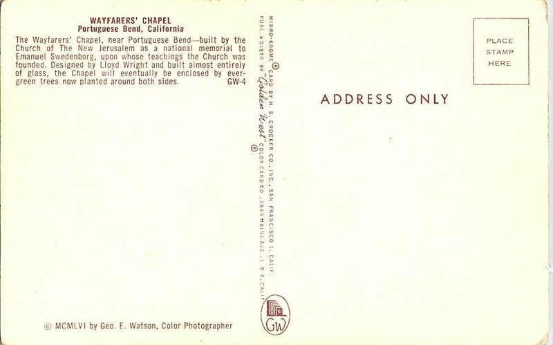 Wayfarer's Chapel Portuguese California Vintage Postcard Standard View Card 